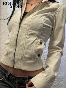 Vestes rockmore vintage recadrées pour femmes Harajuku Casual Slim Fit Coat Y2K Streetwear Long Mancheur Extérieur automne 231227