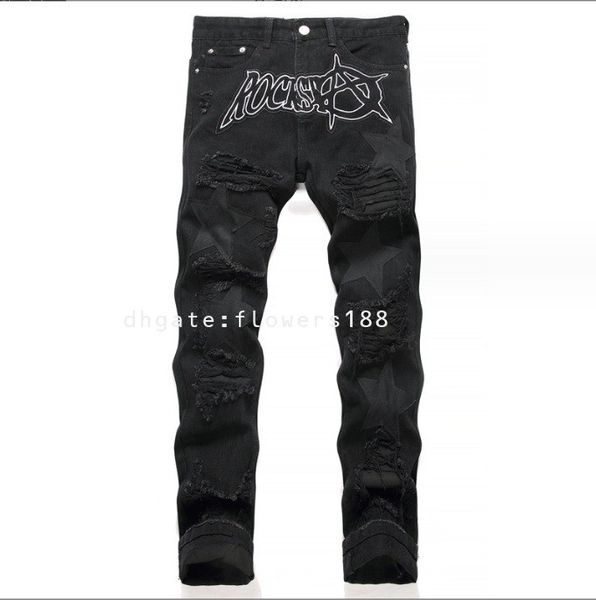 Pantalones vaqueros Rocks para hombre, nuevo estilo de comercio exterior, pantalones vaqueros bordados con parches rasgados negros, pantalones vaqueros rectos sueltos elásticos para hombre