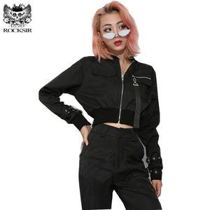 Punk Black Crop Top Jacket Dames Casual Zipper Korte Cardigan Coat Fashion Buckle Bomber Jacket Fiets met lange mouwen