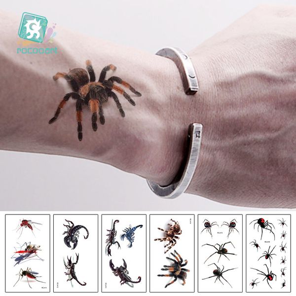 Rocooart 3D Araignée Tatoo Scorpion Tatouage Temporaire Autocollants Pour Halloween Faux Tatouage Body Art Tatuajes Blague Tatouage Temporaire