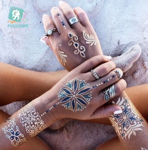 Rocooart Flash metálico impermeable tatuaje temporal oro plata tatuaje mujeres Henna flor Taty indio árabe tatuaje pegatina