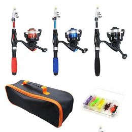 Rod Reel Combo Enfants Pêche Ensemble résistant à l'usure Guide des débutants et sac de voyage avec boîte à appâts Roue à main pour livraison directe Sports Outd Dhfbg