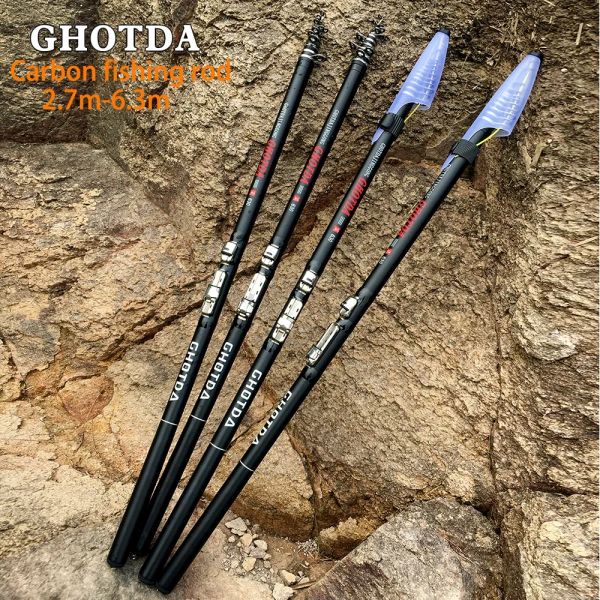 Cañas Black Rocky Fishing Rod Cebo 2.76.3 Metros Varillas telescópicas giratorias Peso 520 g Fibra de Carbono Portátil Mar Surf Ultraligero