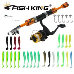 Rods FISH KING – canne à pêche Spinning et moulinet Combo, canne télescopique de 1,5 m avec moulinet Fishign 5.2:1, Kit complet de pêche, 30 pièces de leurres souples