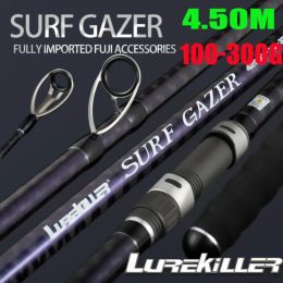 Cañas Lurekiller 2023 nuevas piezas Fuji Surf Gazer 4,50 M espiral X caña de Surf larga de alto carbono caña de Surfcasting 3 secciones 100300G BX450