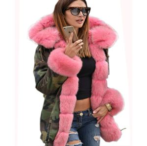Roiii épaissis en fausse fourrure camouflage rose parka rose femme capurée longue veste hiver