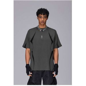 Rokawear American Trendy Brand splitsen verschillende materiaal gaas paneel ademende korte mouwen t-shirt losse functionele stijl top voor mannen