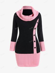 ROL Femmes Automne Hiver Pull Col Bénitier Câble Tricot Boutons Deux Tons Pull Pull Longue Tunique Top Wrap Fesses Chandails 240112