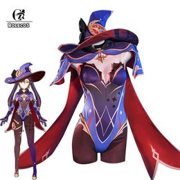 ROLECOS Jeu Genshin Impact Mona Cosplay Costume Mona Cosplay Costume Sexy Femmes Combinaison Halloween Body Chapeau Châle Ensemble Complet Y0275k