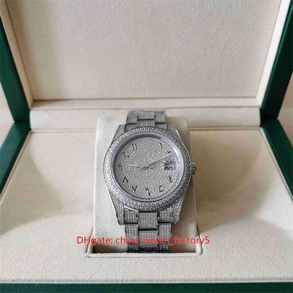 Roles Reloj Movimiento automático Fábrica limpia con caja Papeles Calidad Mens Árabe Datejust Pulsera de bisel de diamante completo Asia 2813 Reloj de pulsera mecánico automático