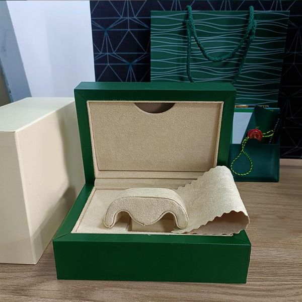 Caja Rolex Cajas de relojes verdes de alta calidad Certificado de bolsas de papel Cajas originales para hombres de madera Relojes para hombre Bolsas de regalo Accesorios h225E