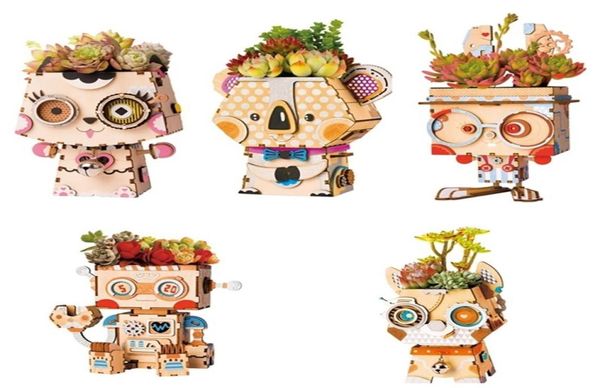 Rolife Maceta DIY Maceta de dibujos animados Decoración de madera Caja de suculentas Jardín Bonsai Maceta para flores Jardín Decoración de oficina en casa T2007510548