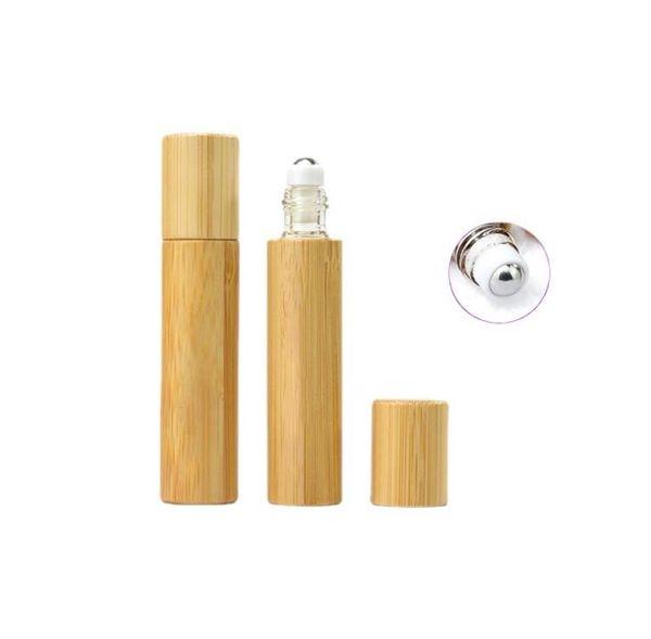 Roll On Bottle 10ml Botella de aceite esencial Bambú Shell Clear Glass Interior con acero inoxidable Roller Ball Viaje Perfumes Botellas Contenedor SN124