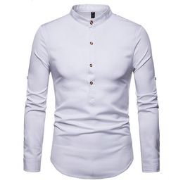 Chemise à manches retroussées hommes 2021 automne col montant hommes chemises habillées Chemise Homme Henry hauts Camiseta hommes Casual267f