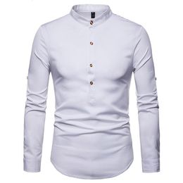 Chemise à manches retroussées pour hommes, col montant, chemise habillée, Henry Tops, Camiseta, décontractée, 256t, automne 2021