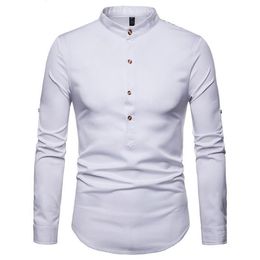 Chemise à manches retroussées pour hommes, col montant, chemise habillée, Henry Tops, Camiseta, Casual312u, automne 2021