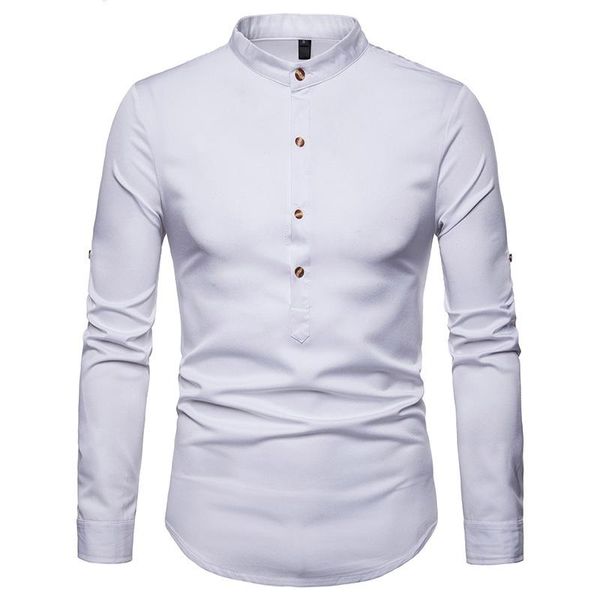 Camisa de manga enrollada para hombre, otoño 2021, cuello levantado, camisas de vestir para hombre, Chemise Homme Henry, Tops, Camiseta informal para hombre