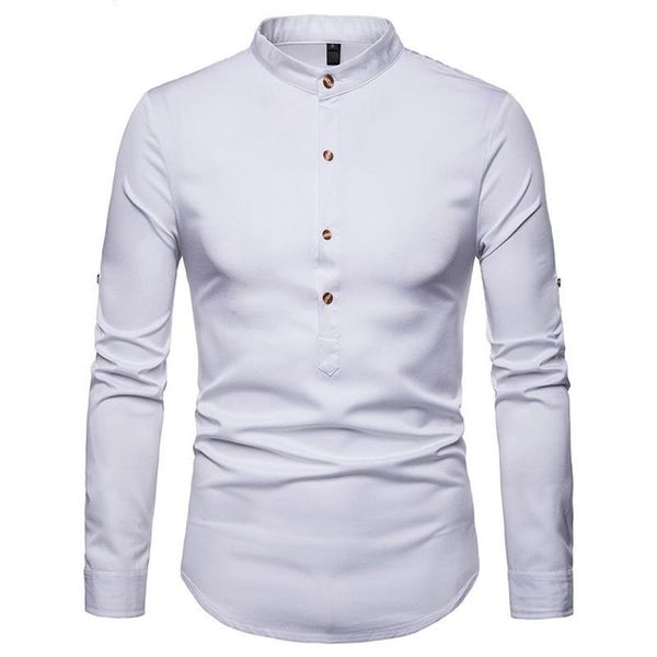 Camisa de manga enrollada para hombre, camisas de vestir con cuello levantado para otoño, Chemise Homme Henry, Tops, Camiseta informal para hombre 2021