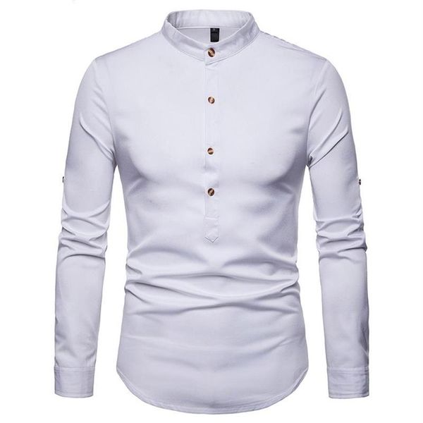 Camisa de manga enrollada para hombre, camisas de vestir con cuello levantado para hombre, Chemise Homme Henry, Tops, Camiseta informal para hombre 2021