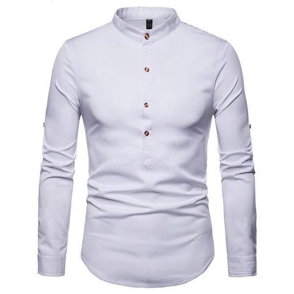 Camisa de manga enrollada para hombre, camisas de vestir con cuello levantado, Chemise Homme Henry, Tops, Camiseta informal para hombre 2021