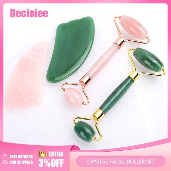 Ensemble de rouleaux de cristal de Massage du visage, rouleau de Jade naturel, Kit Gua Sha, grattoir de Jade, pierre de Quartz Rose, masseur de lifting du visage, outils de beauté