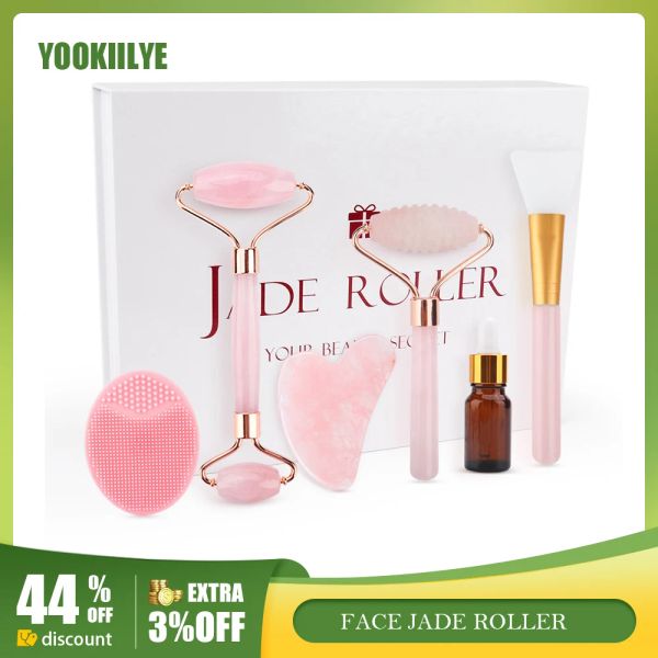 Roller Face Jade Roller Rose Quartz Gua Sha Scraper Set Masseur Facial pour le Visage Corps Cou Élimination des Rides Outil de Soins de la Peau avec Boîte-Cadeau