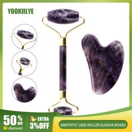 Roller Natural Jade Roller Rasper Massorger Amethyst Facial Crystal Massage Roller Gua Sha Face Jade Stone Cuidado de la piel para el cuerpo