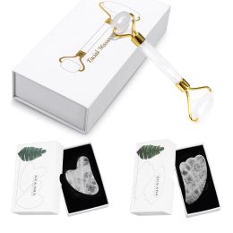 Roller Natuurlijke Steenkwarts Jade Roller Gua Sha Set Gezichtsmassager Rimpels verminderen Anti-aging Gezicht Ogen Nek Lichaam Huidverzorging Gereedschap