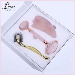 Rouleau Rose Quartz rouleau masseur outil pierre naturelle masseur Facial rouleau de Jade rouleau à micro-aiguilles spatule de Jade Kit de soins de la peau boîte