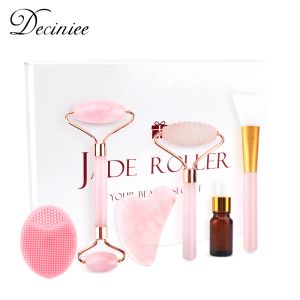 Roller RU ES 6 in 1 huidverzorging cadeauset Rose Jade Roller Gua Sha natuurlijke kwartsschraper Jade steen gezichtsmassager Gereedschap voor lichaam nek