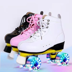 Chaussures à rouleaux à roulettes 4 roues patins adultes Unisex Double Row Roun-Roller Skates Sport Sneaker Cuir Footwear Cadeau