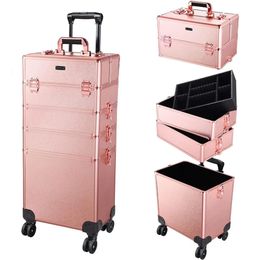 Rolling Makeup Train Case Professional Cosmetic Organizer Travel Trolley Box Home 4 in 1 240416