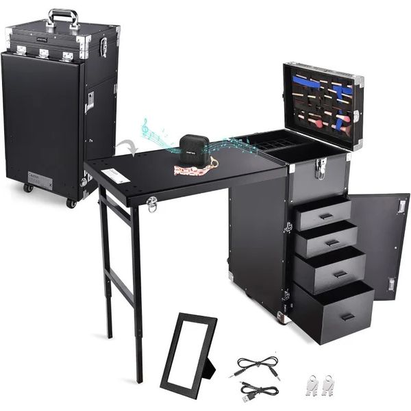 Table de manucure roulante Étume de train de maquillage à ongles pliables avec bureau Cosmetic Trolley Travel Storage Organisateur 4 tiroirs 240416