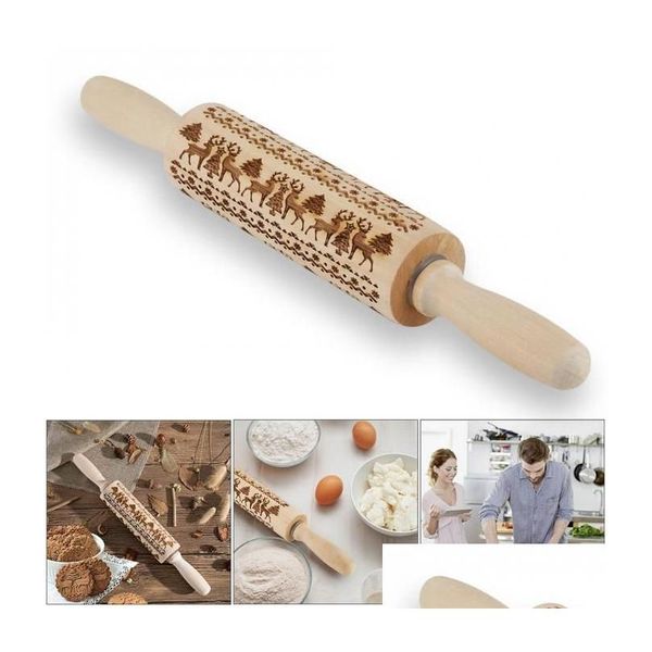 Rouleaux à pâtisserie Planches à pâtisserie 8 modèles Gaufrage Rouleau à pâtisserie de Noël en bois gravé bâton de pâte sculpté cuisson cuisine pâtisserie goutte D Otcqw