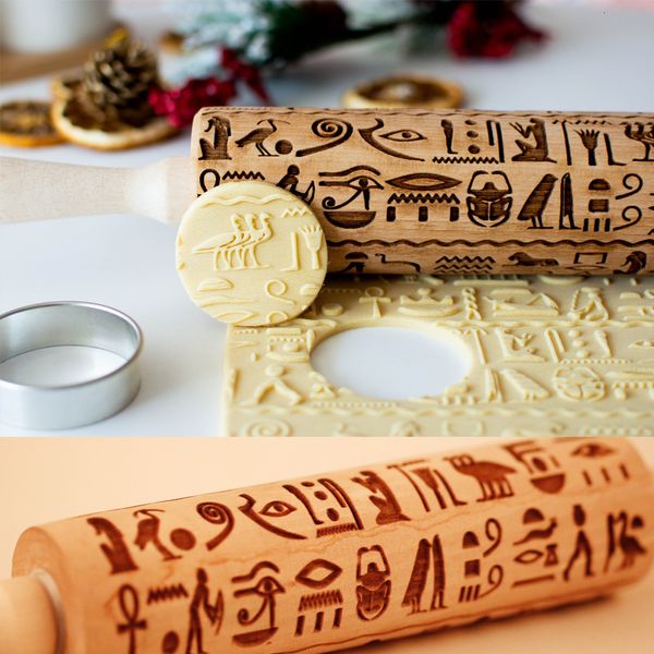 Rodillo para repostería, jeroglíficos egipcios Arjmide, pasador en relieve con patrón para decorar galletas, rodillo grabado con láser para hornear 230804