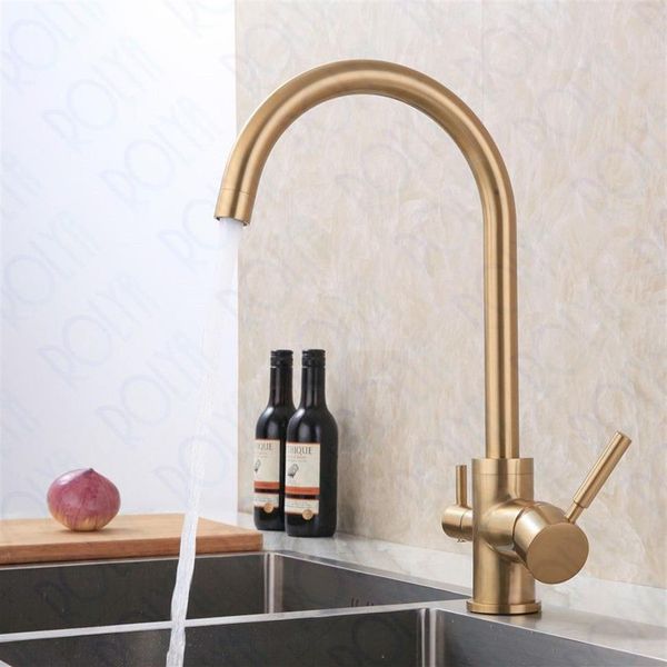 ROLYA – robinet de cuisine avec filtre à eau à 3 voies, doré brossé, robinet de cuisine à trois flux, mélangeur d'évier de cuisine 252W