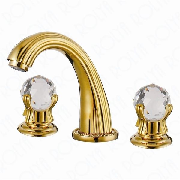 ROLYA, lujoso grifo de lavabo montado en cubierta de 8 pulgadas de latón macizo dorado, manijas de cristal, grifo mezclador para lavabo de baño 269n