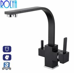 Rolya Square Matte Black Kitchen Robinet BrushedChrometri Flow évier mélangeur en cuivre osmose 3 voies filtre à eau TAP2275409