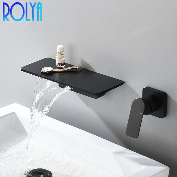 ROLYA robinet de lavabo mural en laiton noir mat, cascade de salle de bains, lavabo de salle de bains, robinet d'eau froide et chaude brossé doré