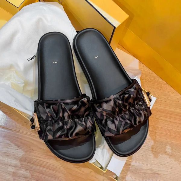 Roma Feel DrawString Slipper Moule Men Womens Sandal Designer Slide Silk Tissu Summer With Box Gift Outdoors Sliders Fashion Flat Casual Shoe Shoe Planche Pool S 3V0I