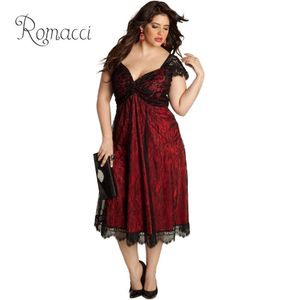 Romacci Femmes 3XL 4XL 5XL Robe De Grande Taille Chérie Col En V Mancherons Robe En Dentelle Florale Midi-mollet Élégante Sexy Club Robe De Soirée T190608