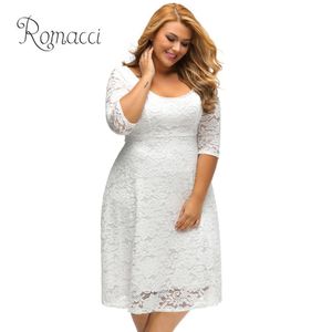 Romacci Vrouwen Wit Kant Jurken 2018 Hoge Kwaliteit Bloemen 3/4 Mouw A-Lijn Plus Size Jurk Vrouw VIP Back Black Party Dress T190608