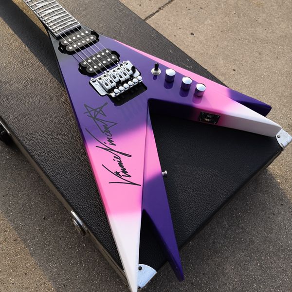 Roman Jack Vinnie Vincent Double V Violet Rose Guitare électrique Floyd Rose Tremolo Écrou de verrouillage Touche en palissandre Incrustation d'aileron de requin Matériel chromé