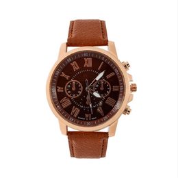 Montre à cadran à chiffres romains pour femmes, montre-bracelet rétro genève à Quartz tendance avec bracelet en cuir marron 302z