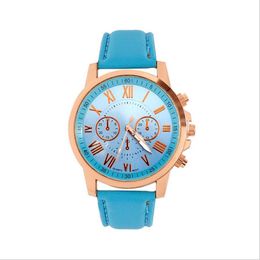 Cadran à chiffres romains mode femme montre rétro genève étudiant montres femmes montre-bracelet à Quartz avec bracelet en cuir bleu 203b