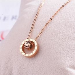 Chiffre romain double cercle bague diamant double couleur collier en acier titane femme chaîne de clavicule en or rose avec pendentif bijoux295T
