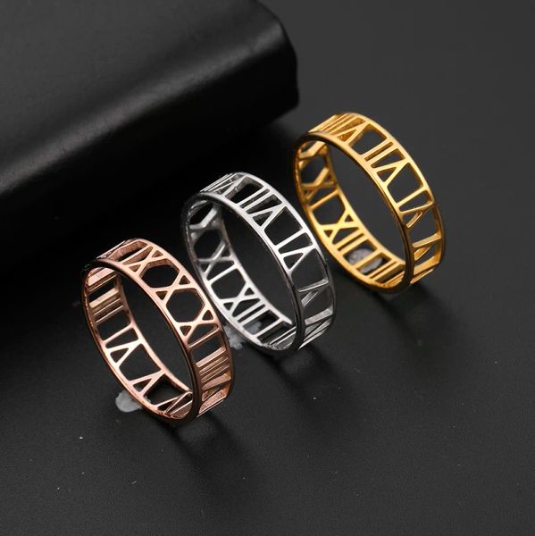 Anillo de oro amarillo de 14k con números romanos para mujeres y hombres, Color oro rosa clásico, anillos informales para parejas, joyería, regalo de aniversario