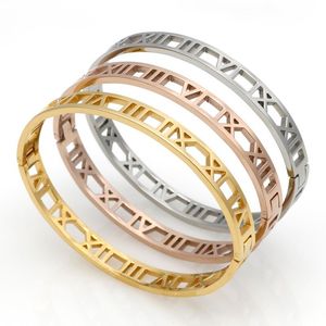 Romeinse cijfers Hollow Bangle armband mode 18k rose goud diamant titanium staal holle damesarmband