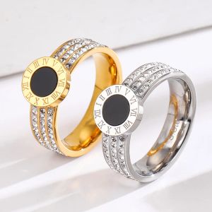 Romeinse cijfers Strass Kleurbehoud Mode Charme Mode 14k Gouden Ring Zwarte Schelp Sieraden