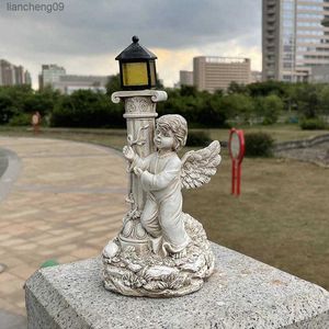 Romeinse pijler engel standbeeld zonne-licht tuin gazon pad licht beeldje sculpturen zonne-energie lamp licht buiten decor licht L230620